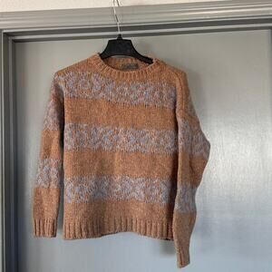 Elsamada Heavy Wool Blend Women's Tan Fair Isle Sweater Long Sleeves sz M Crew